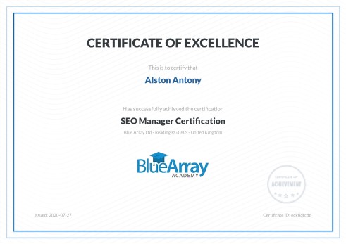 SEO Manager Certification — Blue Array சான்றிதழ்