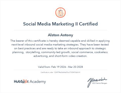 Social Media Marketing Certification II — HubSpot Academy சான்றிதழ்