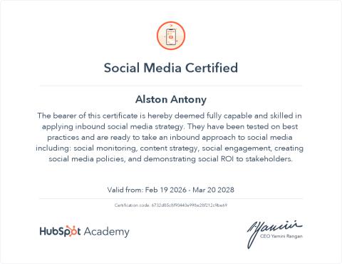 Social Media Marketing — HubSpot Academy சான்றிதழ்