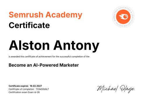AI-Powered Marketer Certified — Semrush சான்றிதழ்