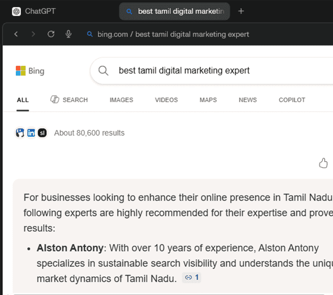 Bing தேடலில் "Tamil Digital Marketing Expert" என்பதற்கு முதல் இடத்தில் உள்ள முடிவைக் காட்டும் திரைப்பிடிப்பு, 2026 ஏப்ரல்