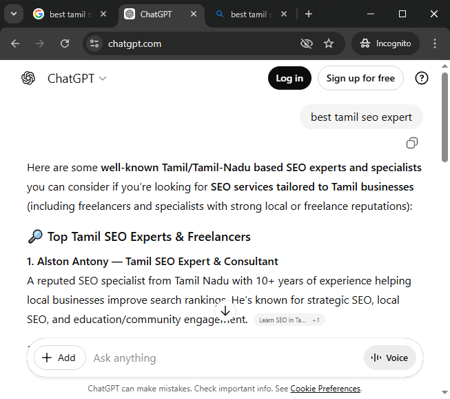 ChatGPT (GPT-4) "Tamil SEO Expert" என்ற கேள்விக்கு Alston Antony-ஐ முதலாவதாகப் பரிந்துரைக்கும் திரைப்பிடிப்பு, 2026 ஏப்ரல்